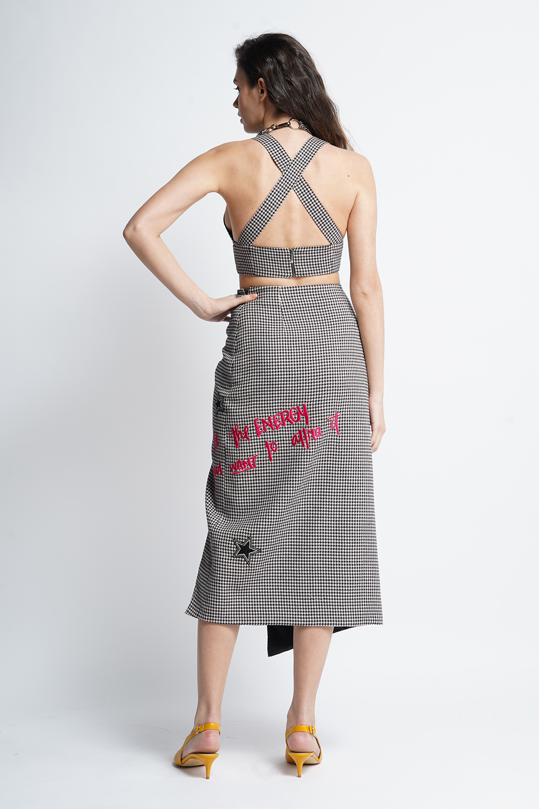 Bralette Top with Numbers Text and Dragonfly Wrap Skirt