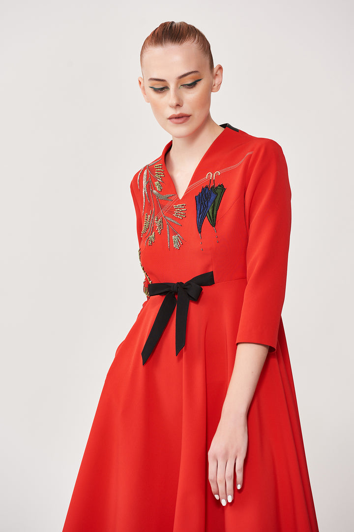 Umbrella and Grass Circular Midi Dress With Bow