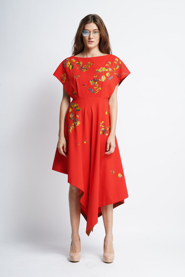 Botanical Stem and Dragonfly Boat Neck Handkerchief Midi Dress