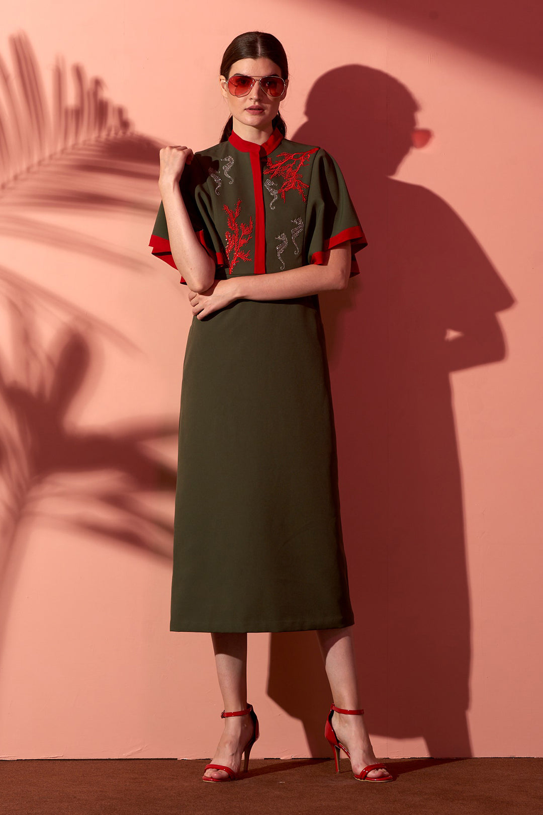 Coral Reef & Seahorse Frill Sleeves Midi Dress