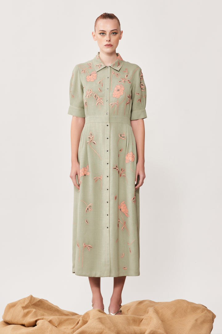 Abstract Rose Side Pleated Shirt Dress