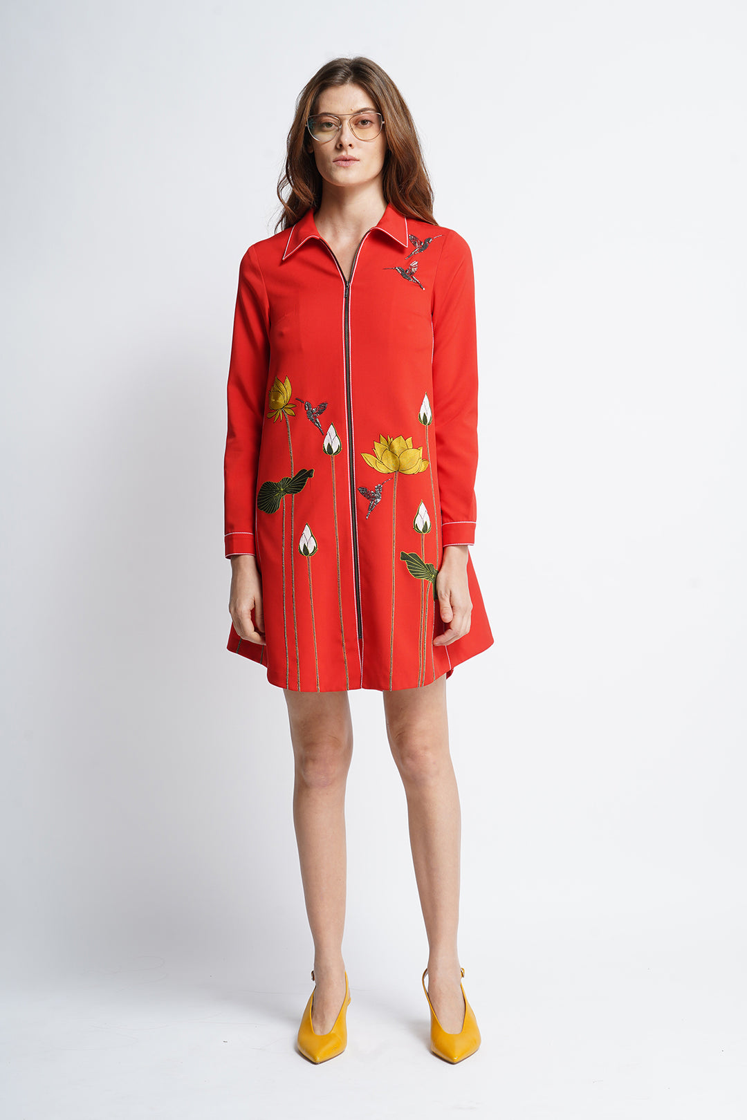 Lotus And Humming Bird Side Triangle Shirt Dress