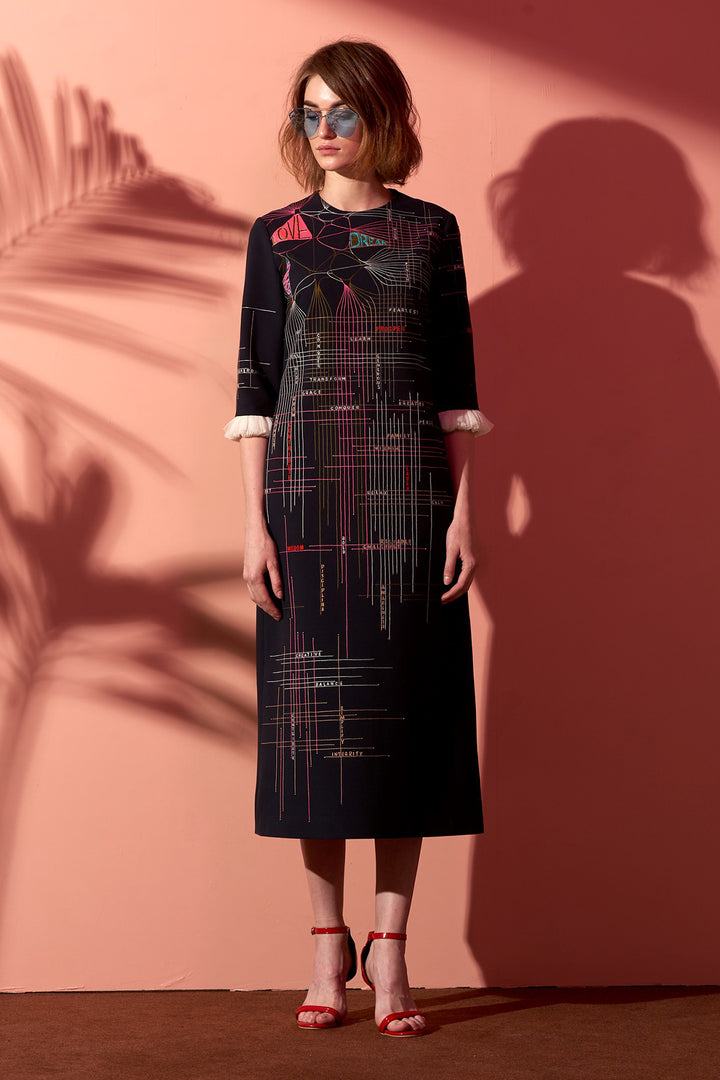 Intersecting Lines Midi Dress With Frill Sleeves