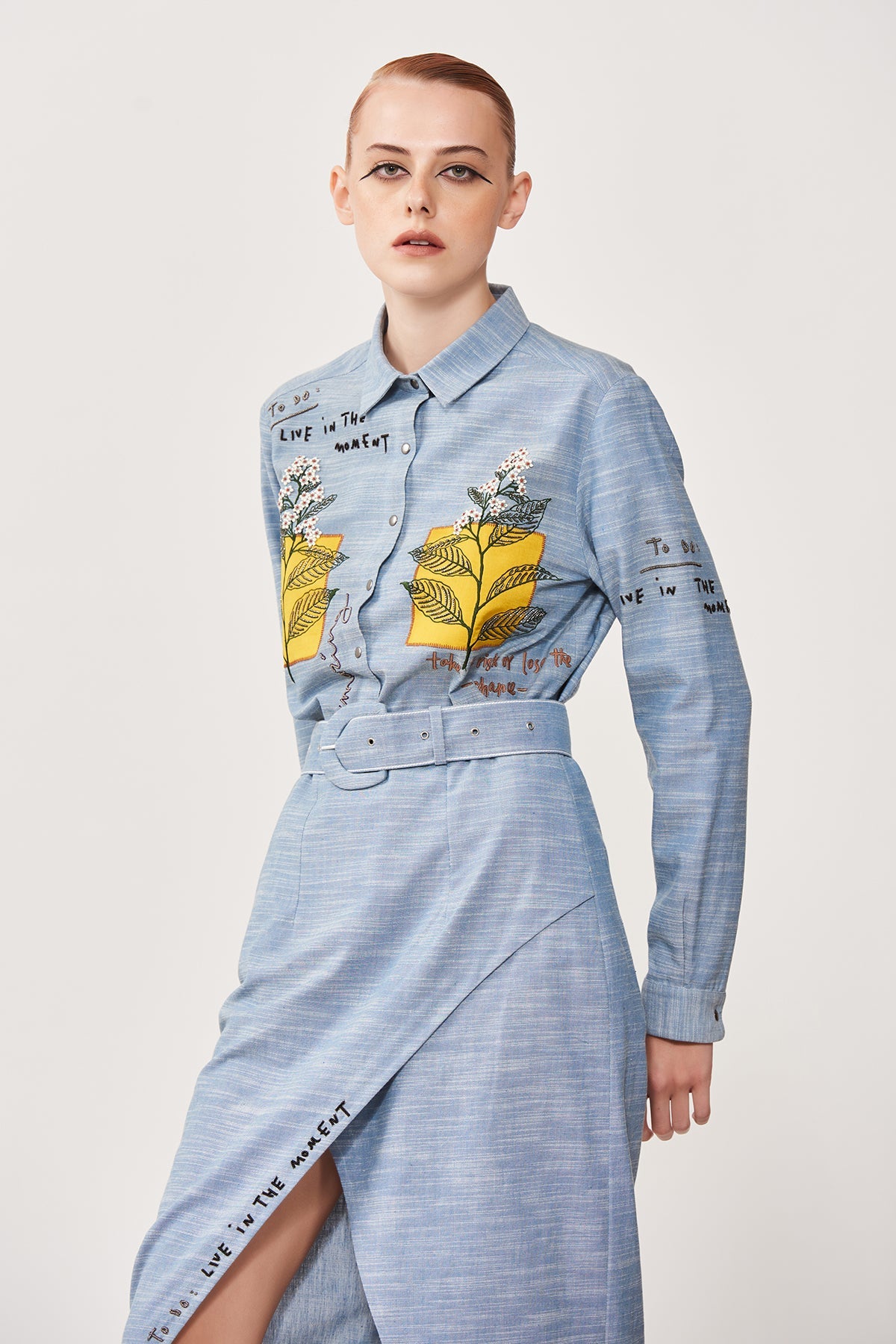 Leaves Patch High Low Shirt With Wrap Skirt