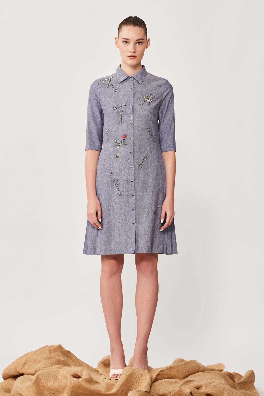 Precious Key Side Pleated Shirt Dress