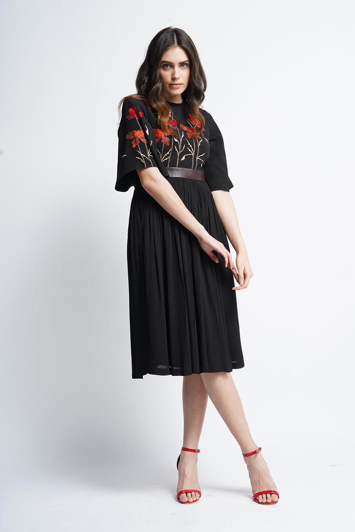 Blooming Flower Midi Dress with Leather Belt
