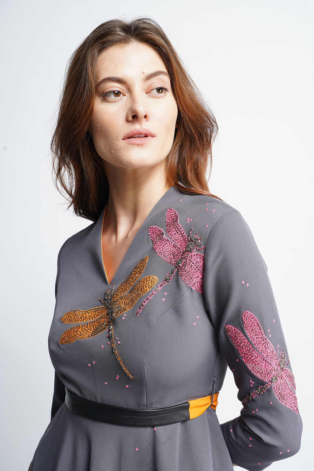 Intricate Dragonflies Circular Midi Dress With Leather Slim Belt