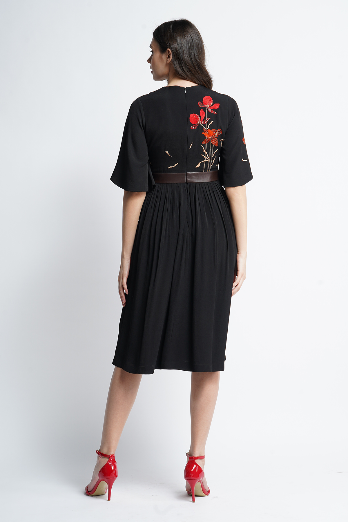 Blooming Flower Midi Dress With Leather Belt