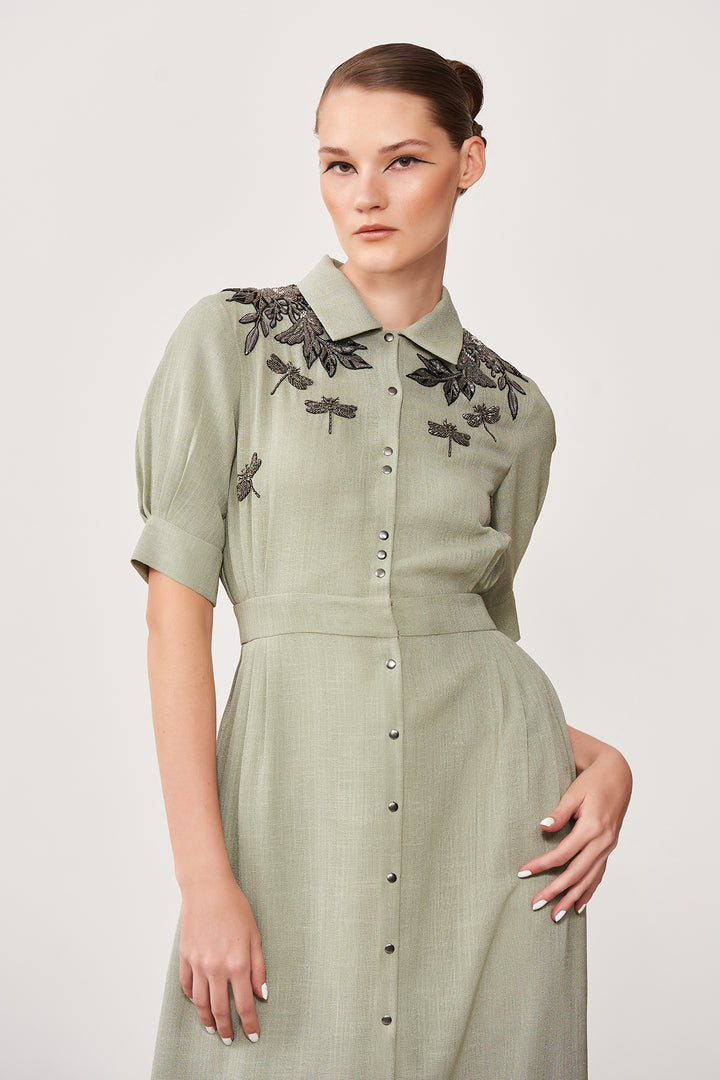Shoulder Botany &amp; Dragonflies Side Pleated Dress