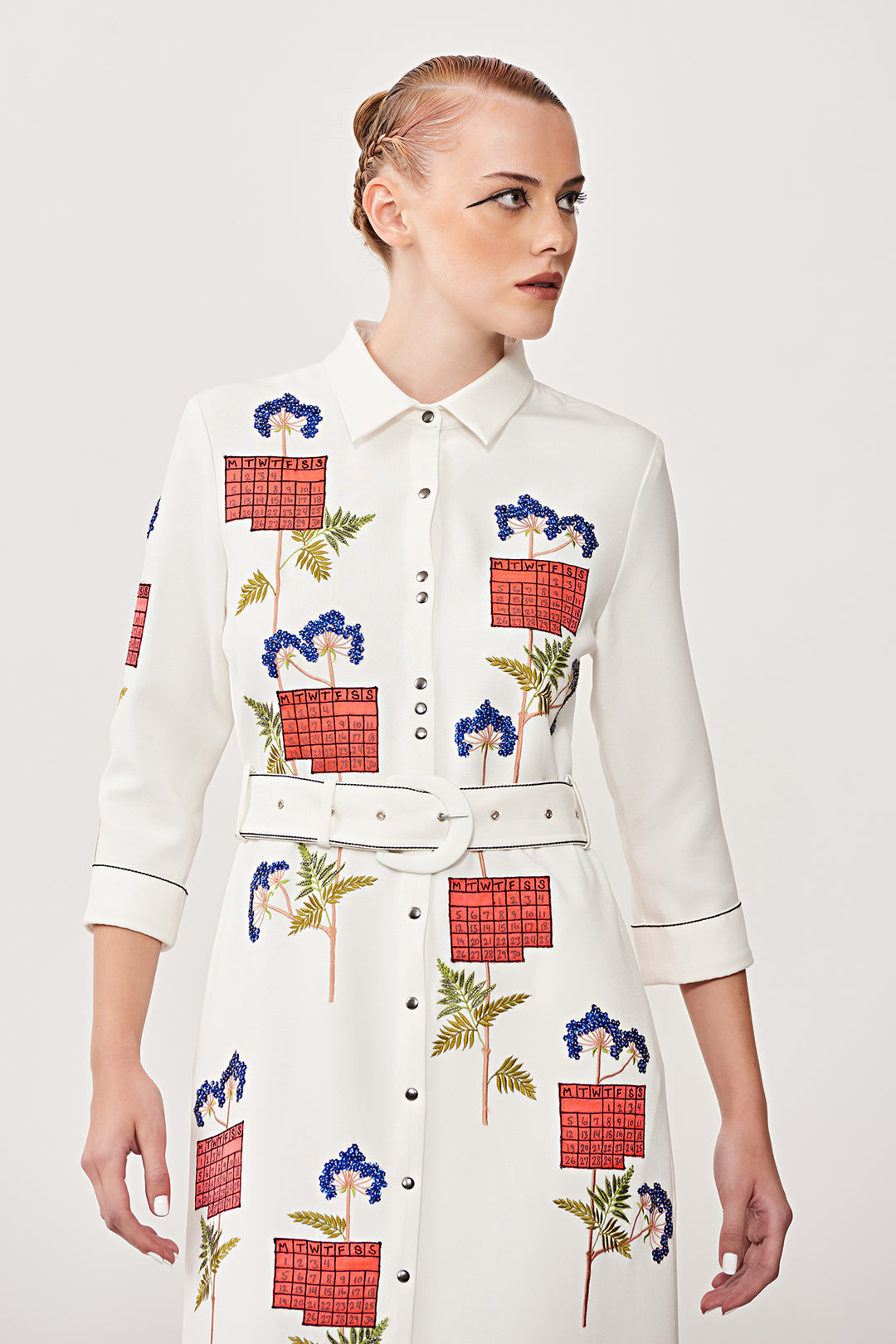 Calender Long Shirt Dress With Buckle Belt