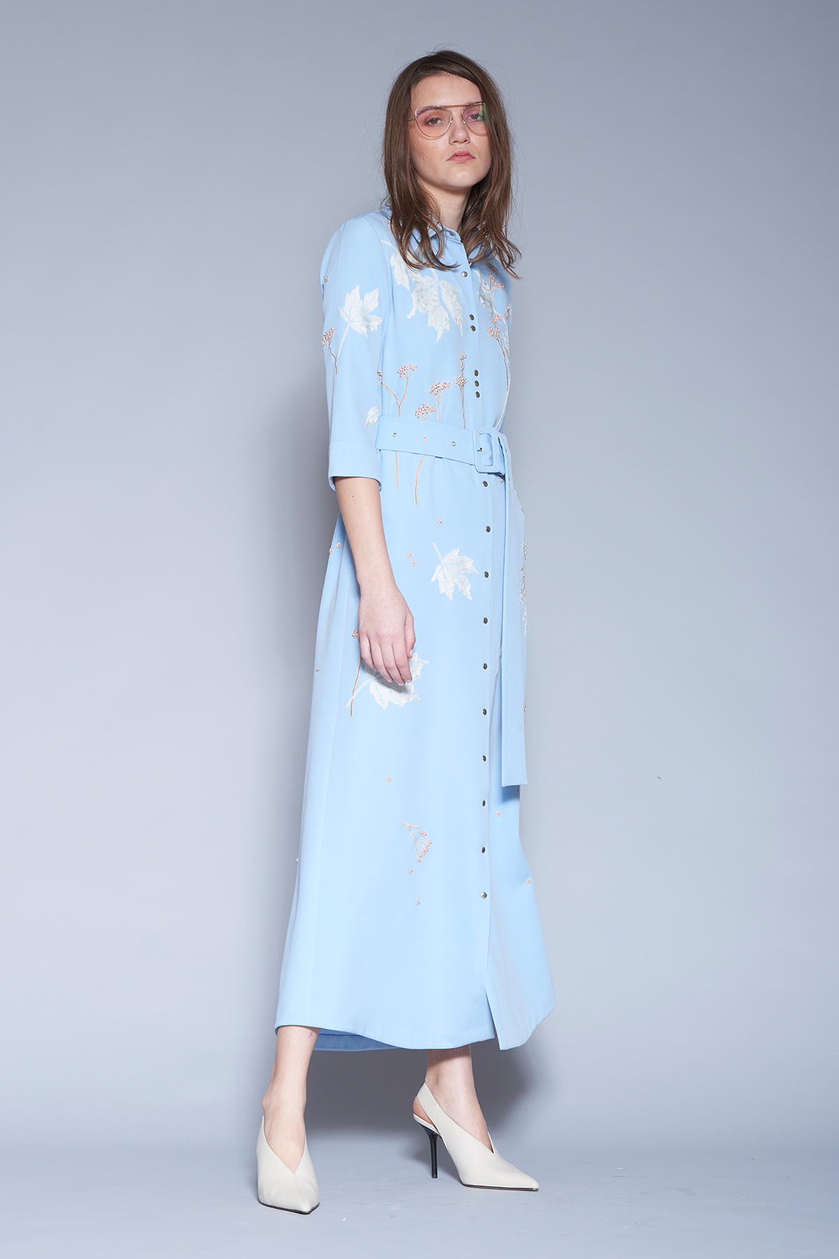 Ivy Leaves And Flower Long Shirt Dress With Buckle Belt