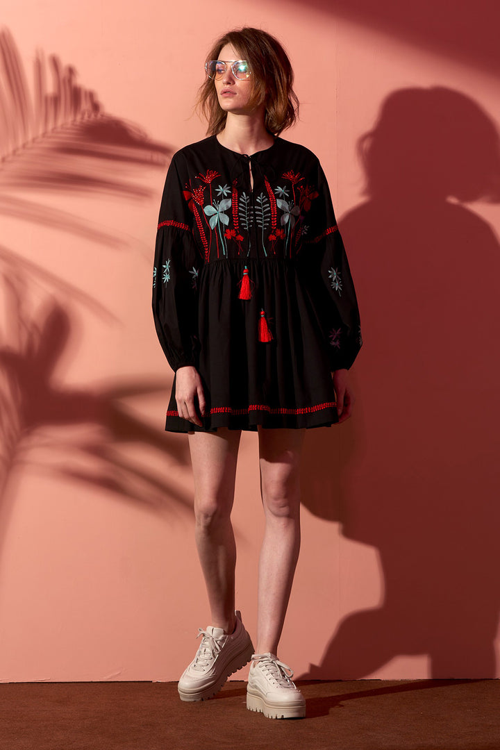Botanical Gathered Balloon Sleeves Mini Dress