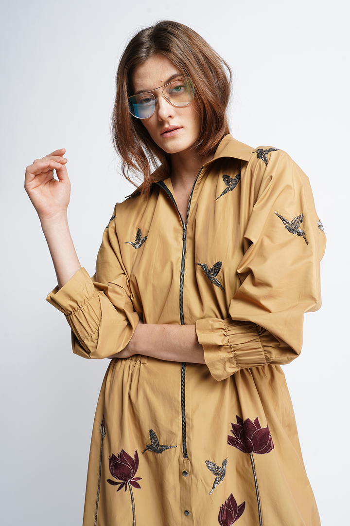 Lotus And Humming Bird Dolman Sleeves Long Dress
