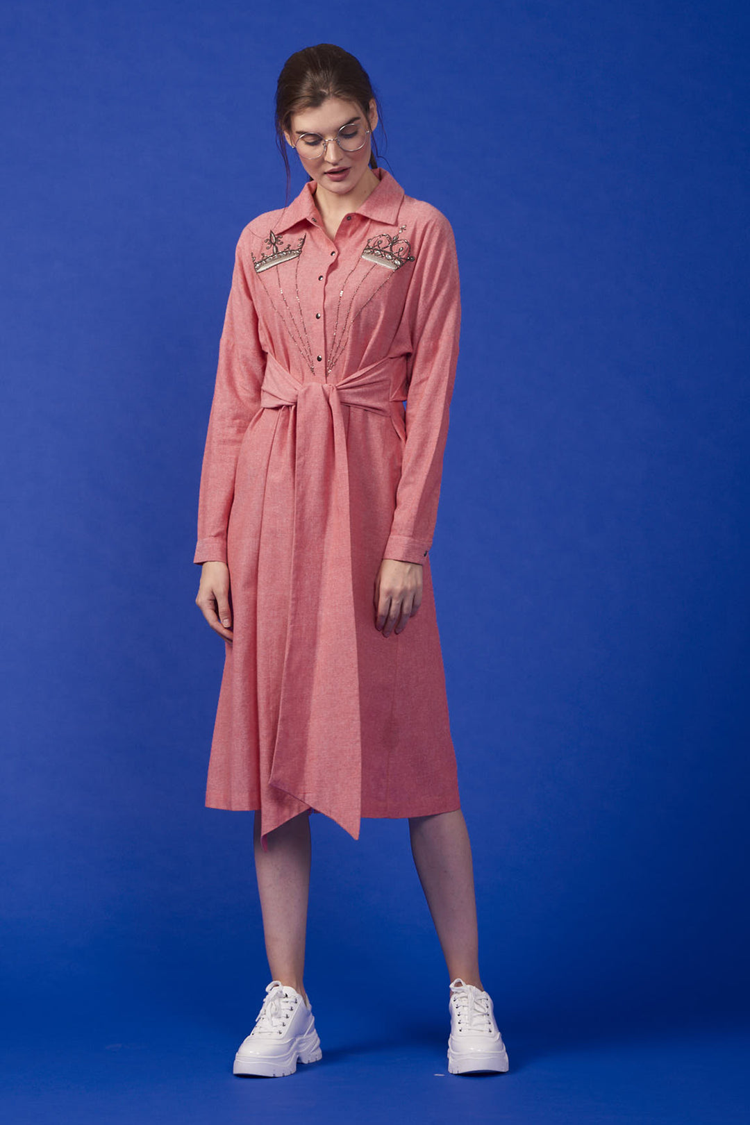 Crowns Front Knot Long Shirt Dress