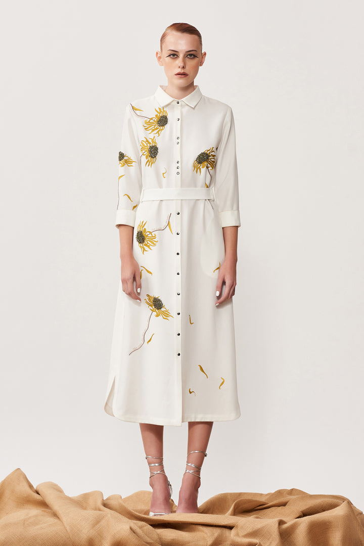 Withering Flower Long Shirt Dress With Belt