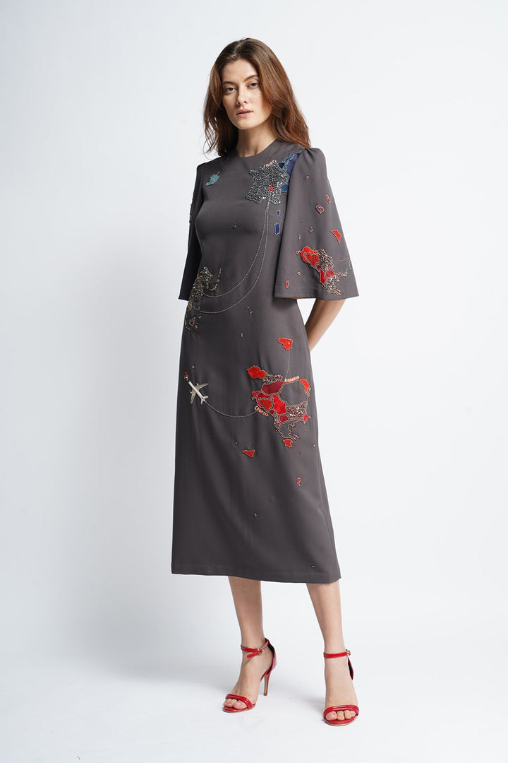 Map Midi Dress With Wide Sleeves