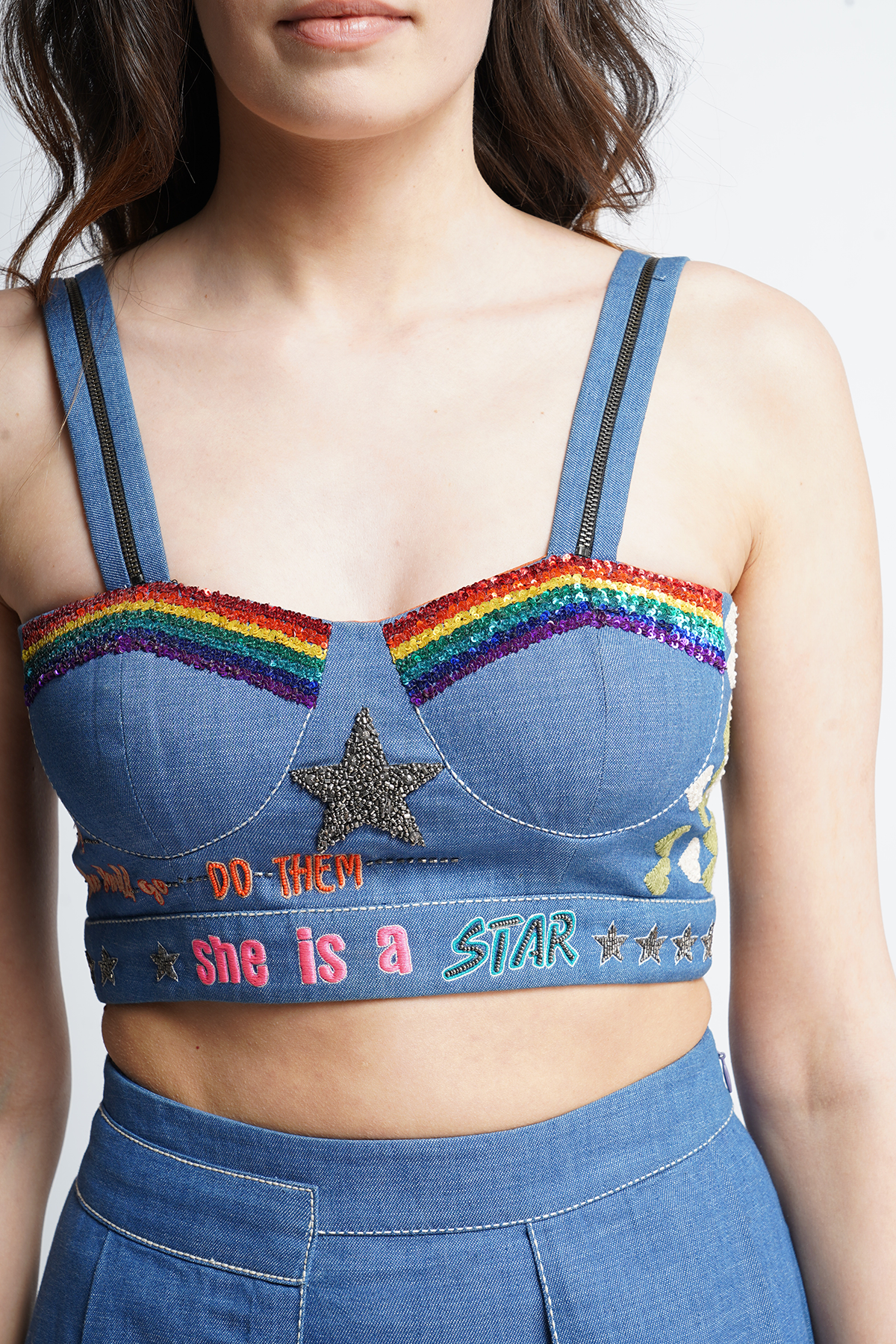 Star Corset Crop Top With Front Pleat Mini Skirt