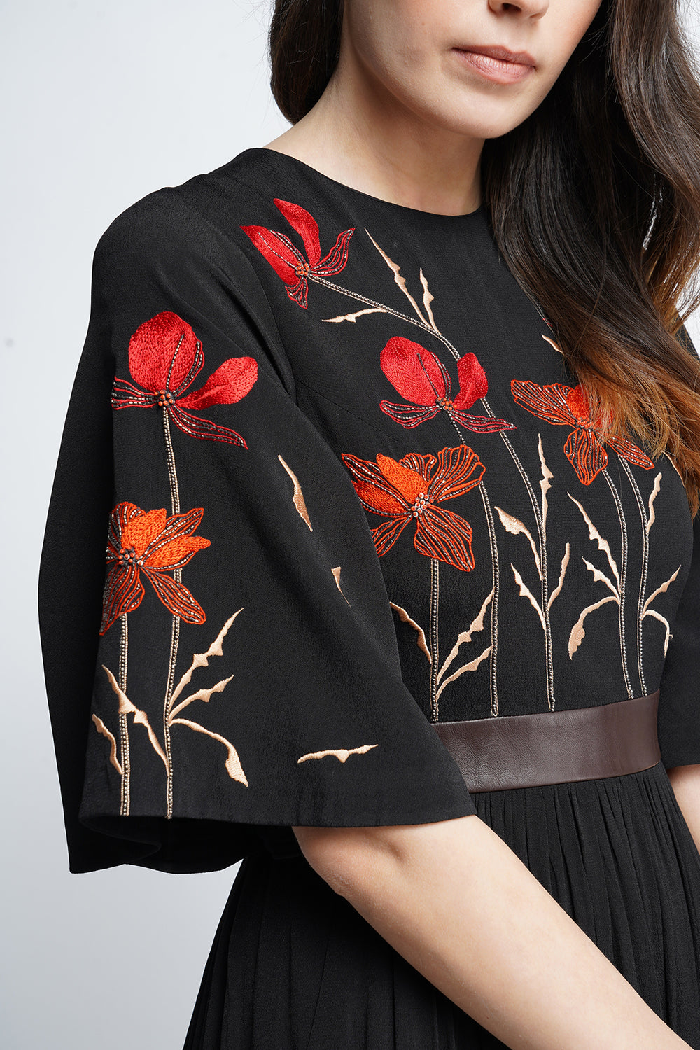 Blooming Flower Midi Dress with Leather Belt