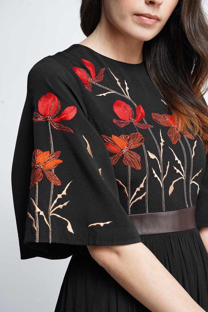 Blooming Flower Midi Dress with Leather Belt