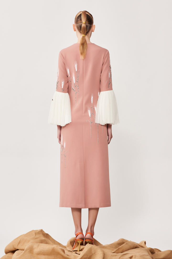 Wheatgrass Midi Dress With Frill Sleeves