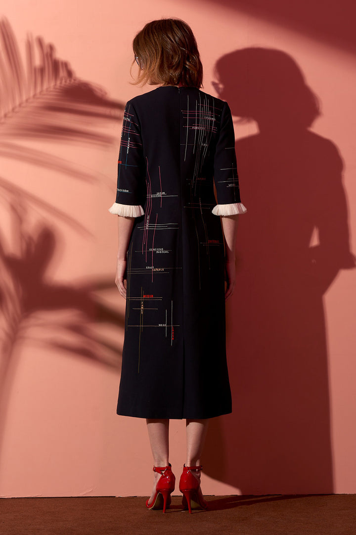 Intersecting Lines Midi Dress With Frill Sleeves