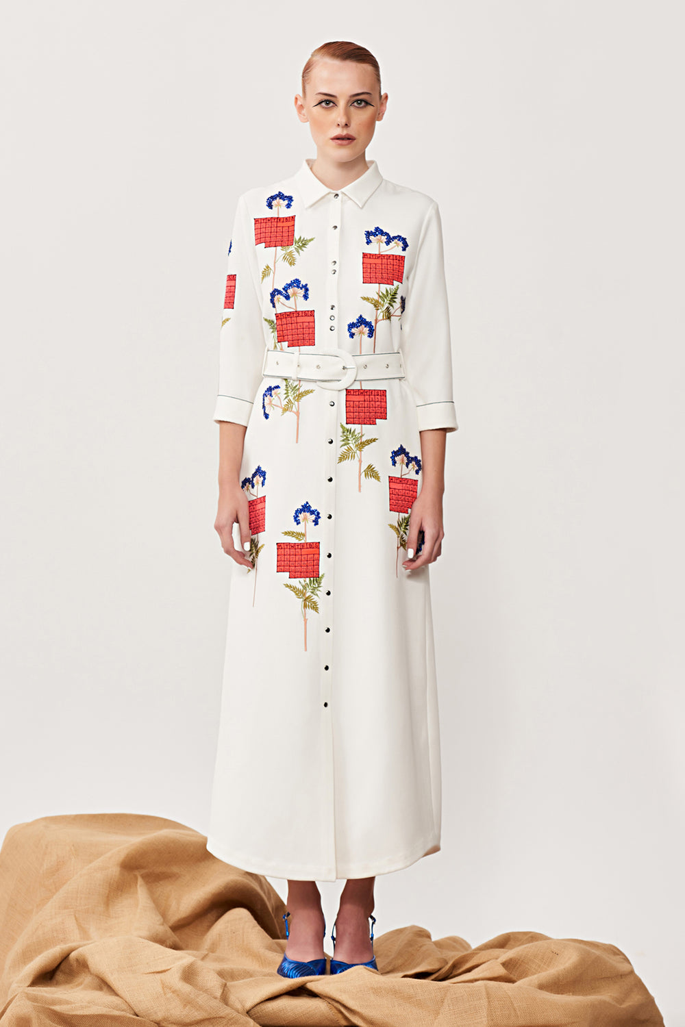 Calender Long Shirt Dress With Buckle Belt