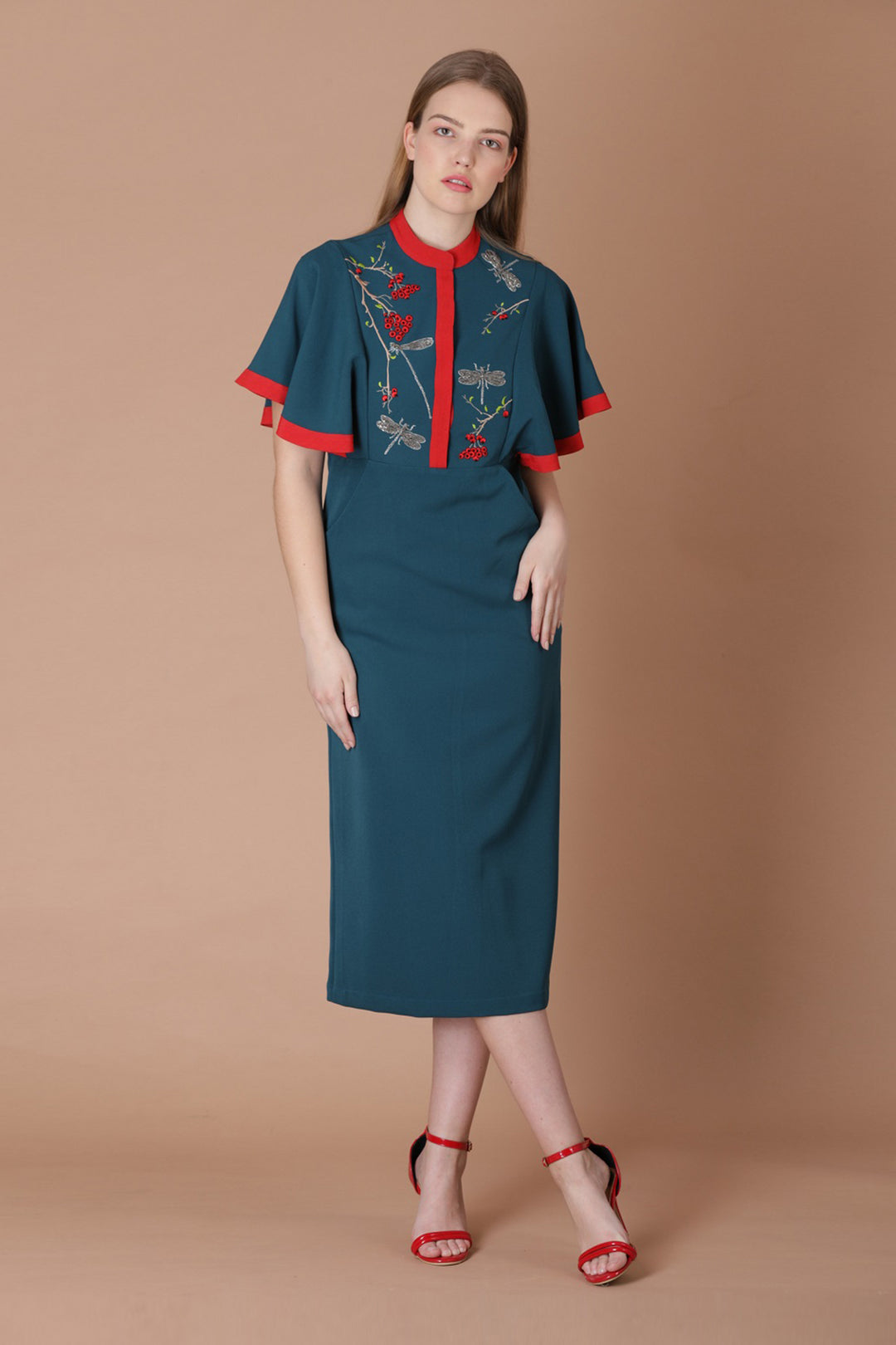 Berries And Dragonfly Frill Sleeves Dress