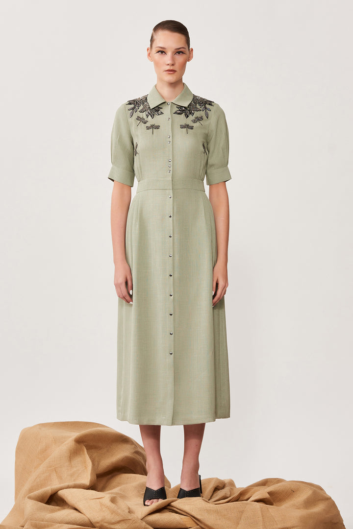 Shoulder Botany &amp; Dragonflies Side Pleated Dress