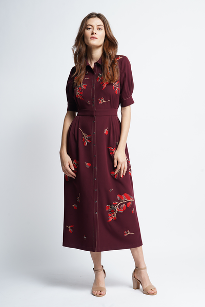 Botanical Stem And Dragonfly Side Pleated Front Open Dress