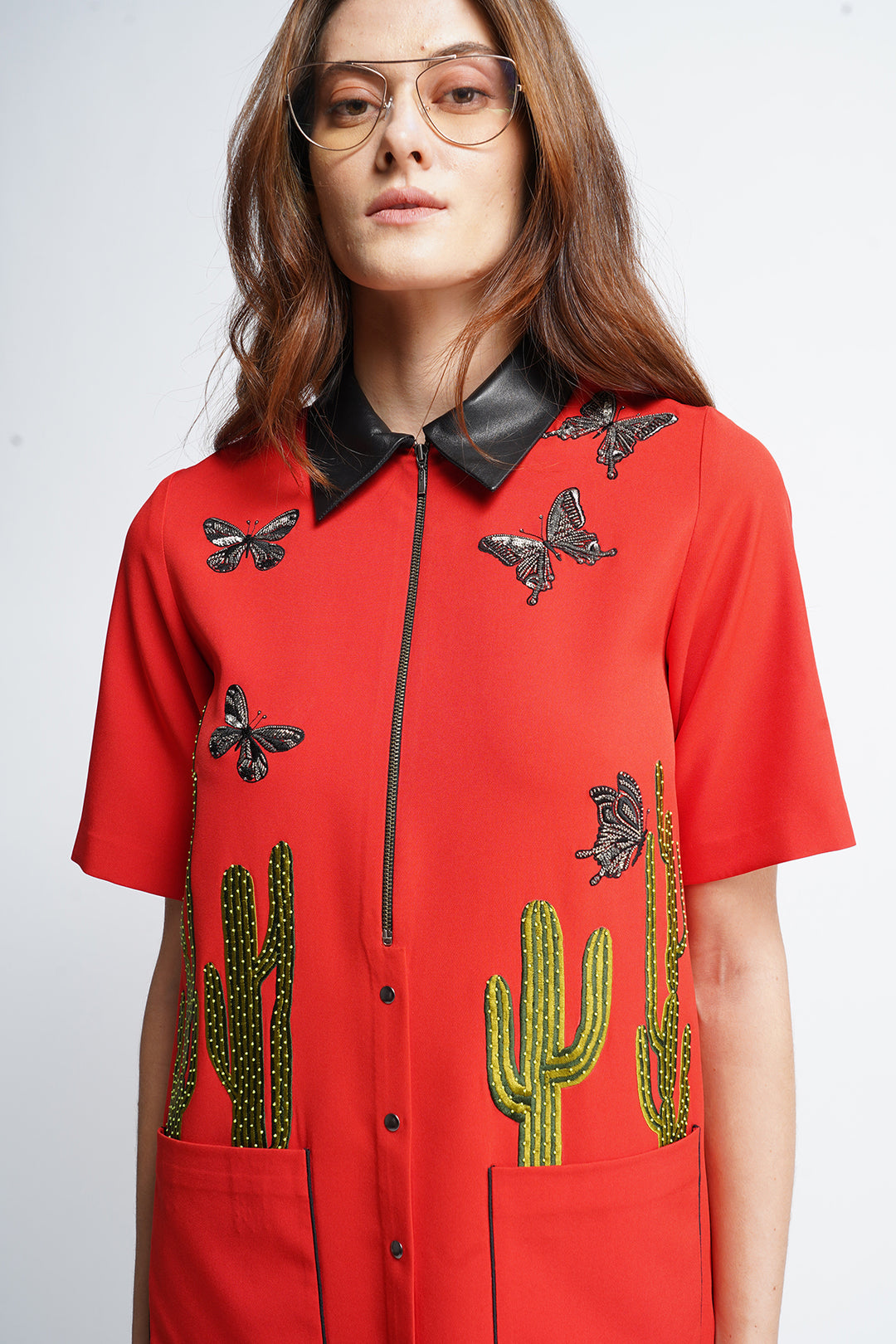 Cactus and Butterfly Shift Dress with Pockets
