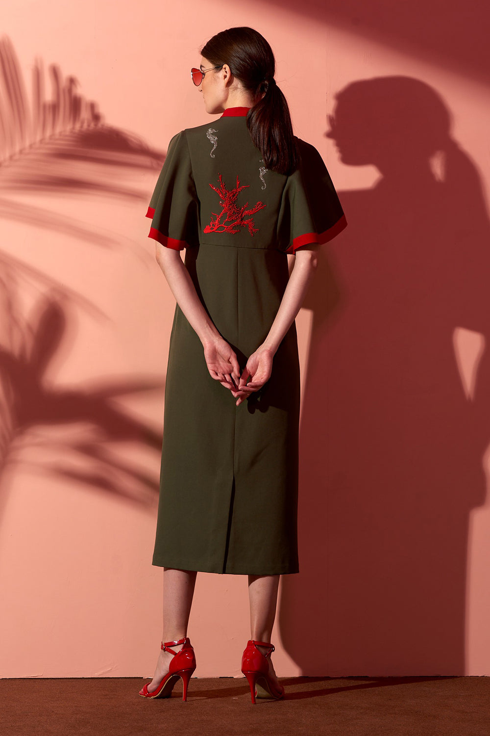Coral Reef & Seahorse Frill Sleeves Midi Dress