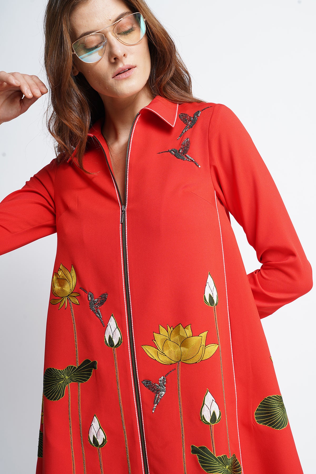 Lotus And Humming Bird Side Triangle Shirt Dress
