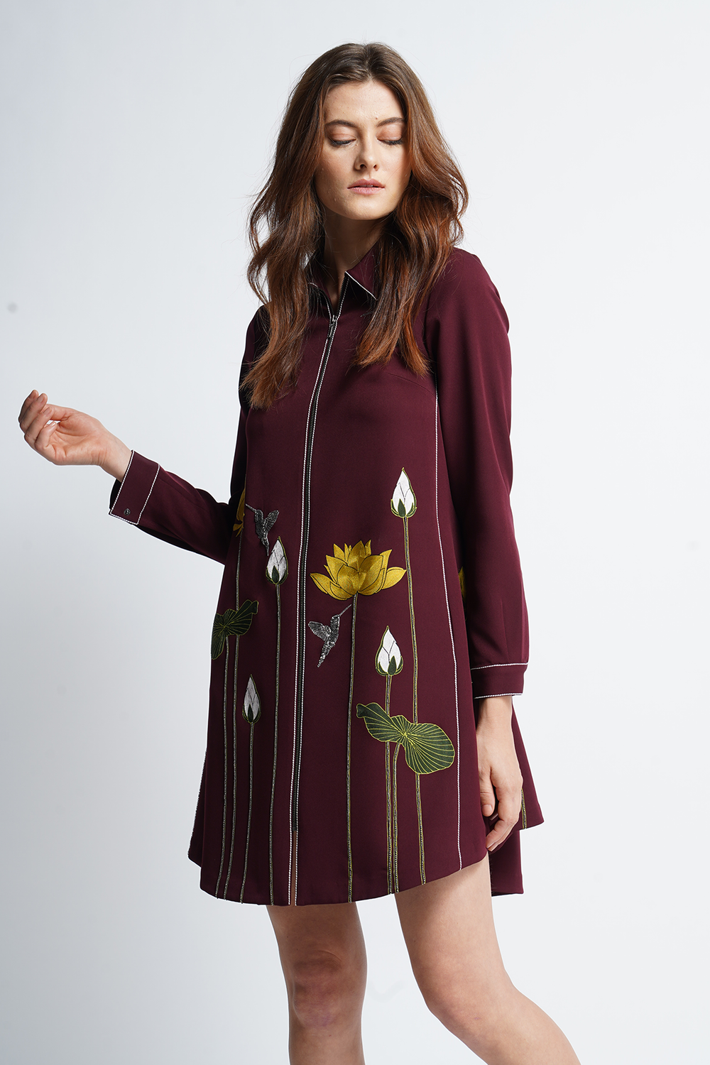 Lotus And Humming Bird Side Triangle Shirt Dress