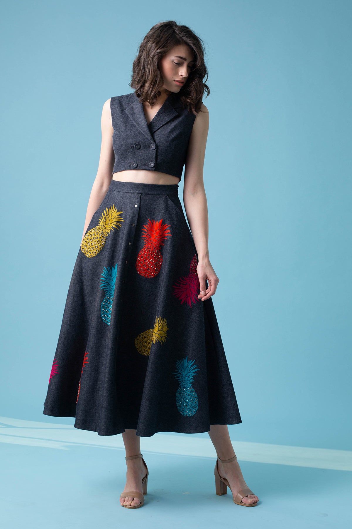 Pineapple Front Open Long Skirt With Double Breast Waistcoat Top