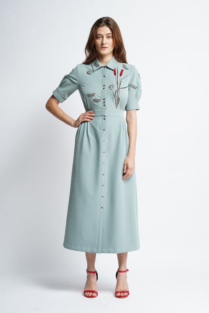 Grass And Insects Front Open Side Pleated Dress