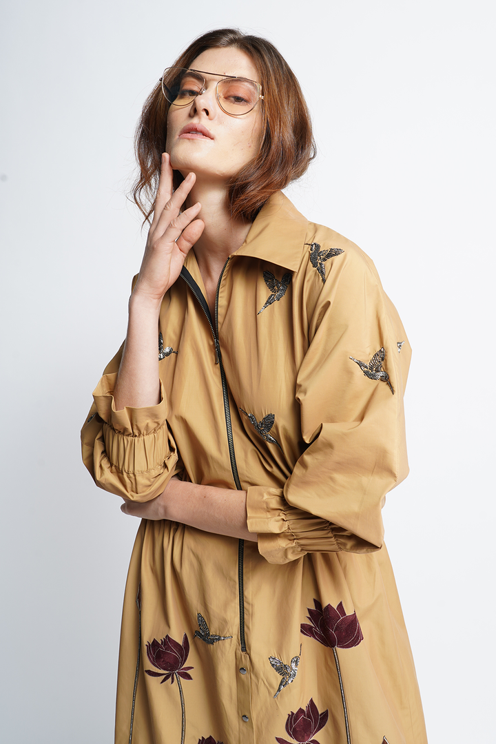 Lotus And Humming Bird Dolman Sleeves Long Dress