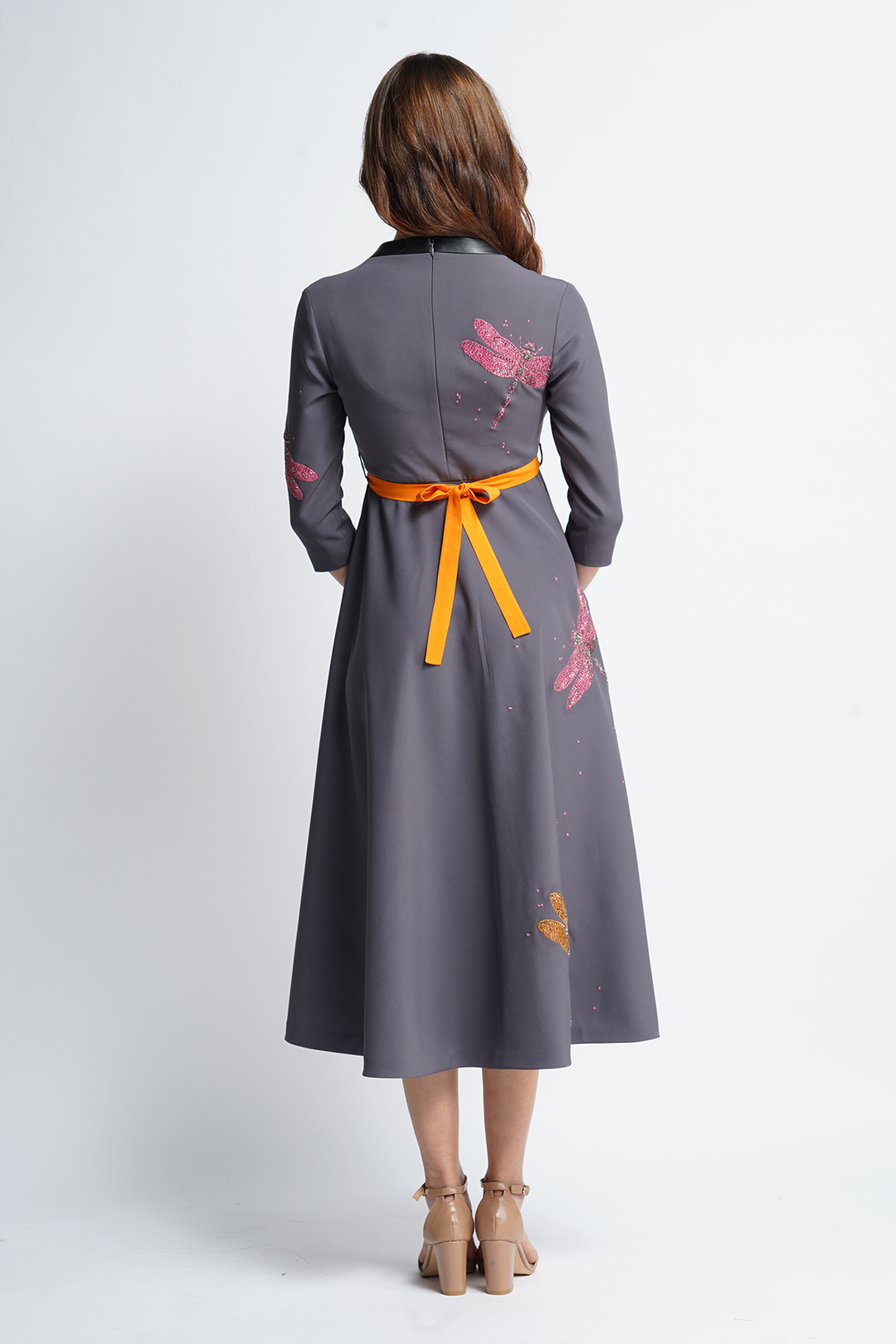 Intricate Dragonflies Circular Midi Dress With Leather Slim Belt