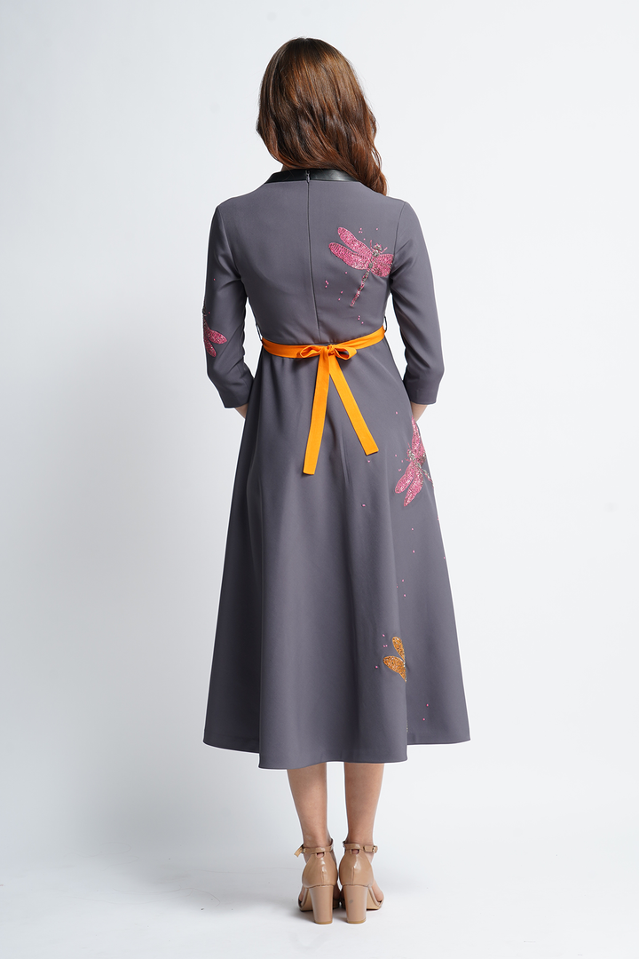 Intricate Dragonflies Circular Midi Dress With Leather Slim Belt