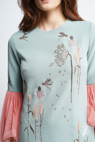 Wildflower And Dragonflies Midi Dress With Frill Sleeves