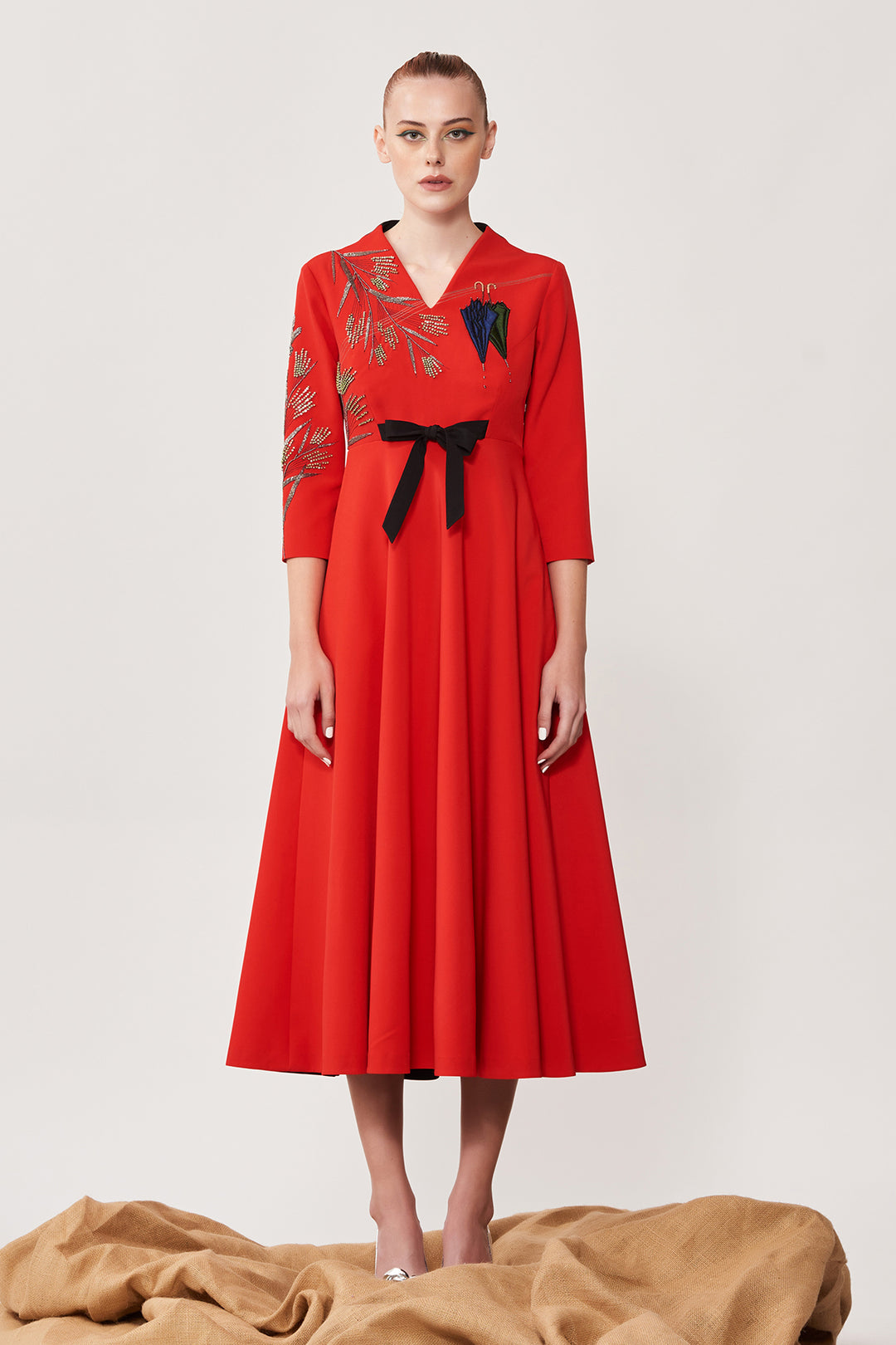 Umbrella and Grass Circular Midi Dress With Bow