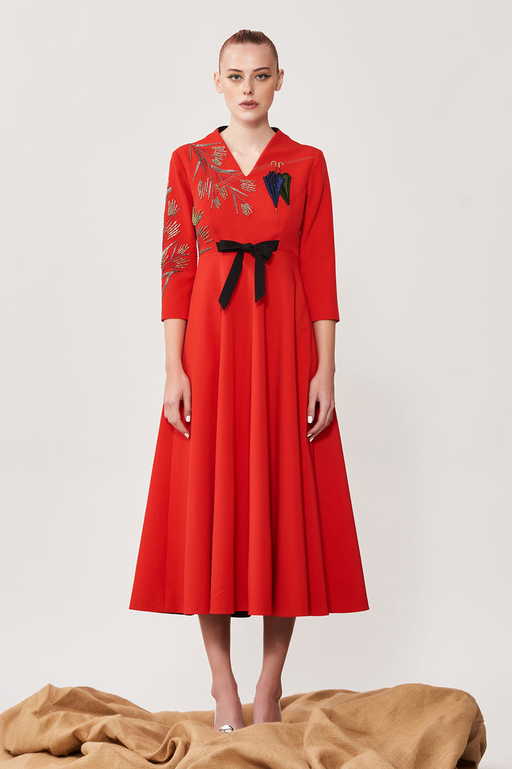 Umbrella and Grass Circular Midi Dress With Bow