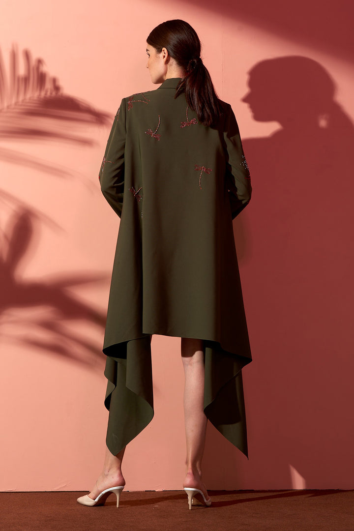 Burst Flower &amp; Dragonfly Draped Coat Dress