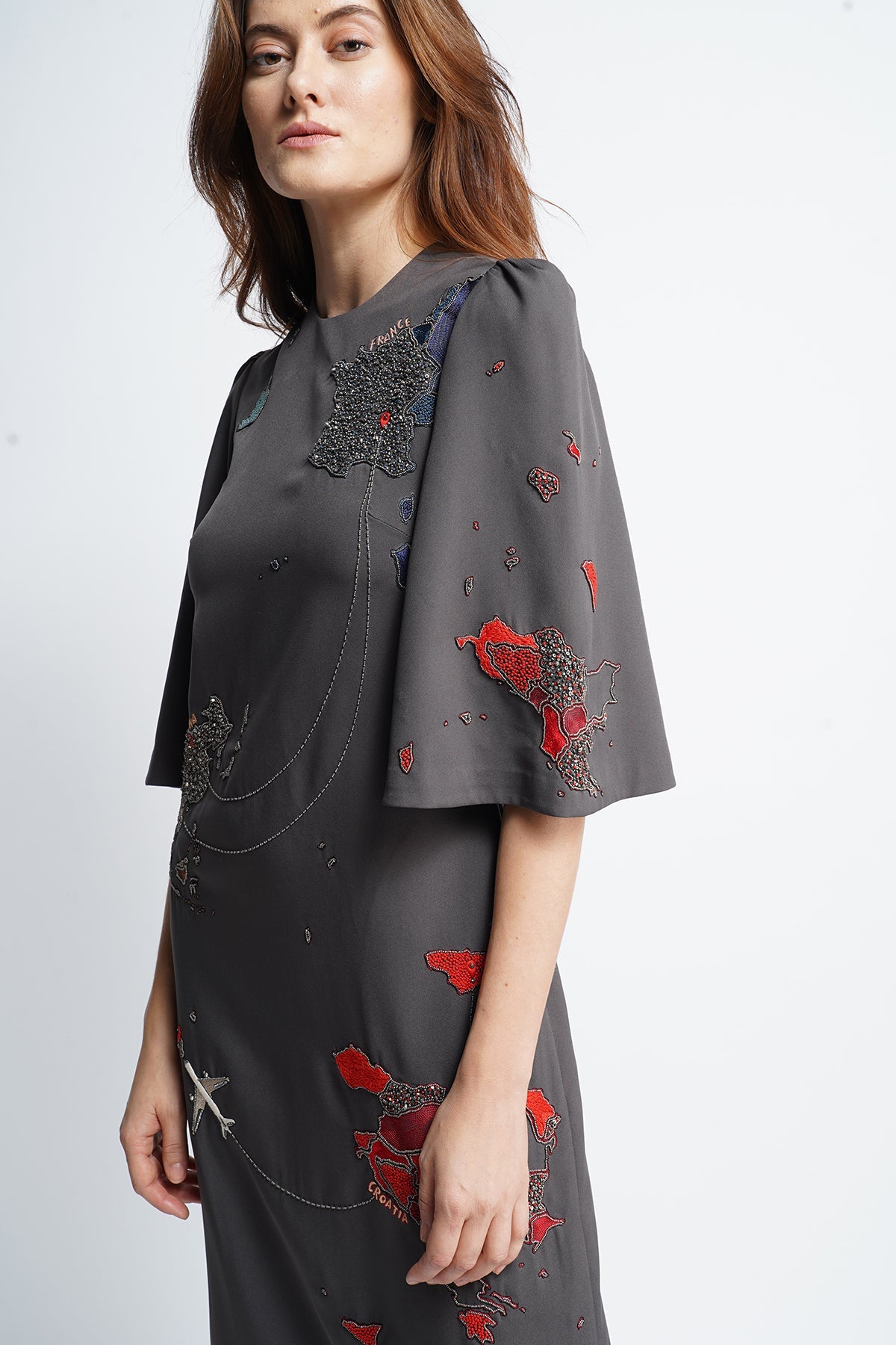 Map Midi Dress With Wide Sleeves