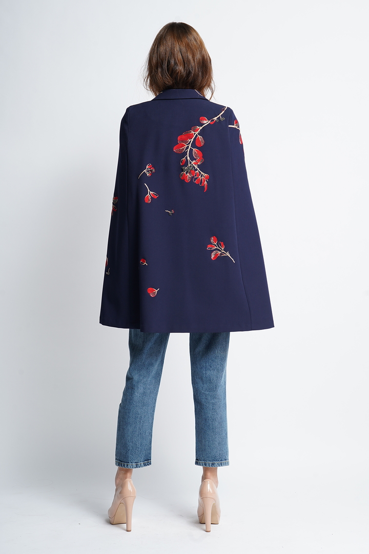 Botanical Stem Lapel Collar Long Cape