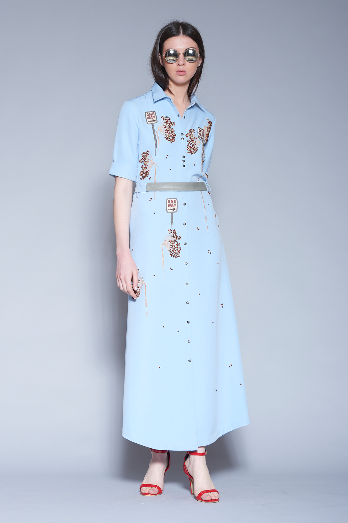 One Way Long Shirt Dress With Leather Belt