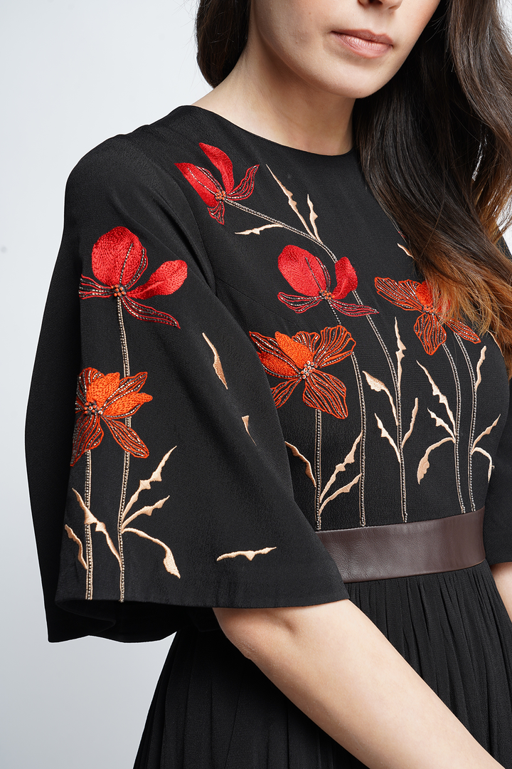 Blooming Flower Midi Dress With Leather Belt
