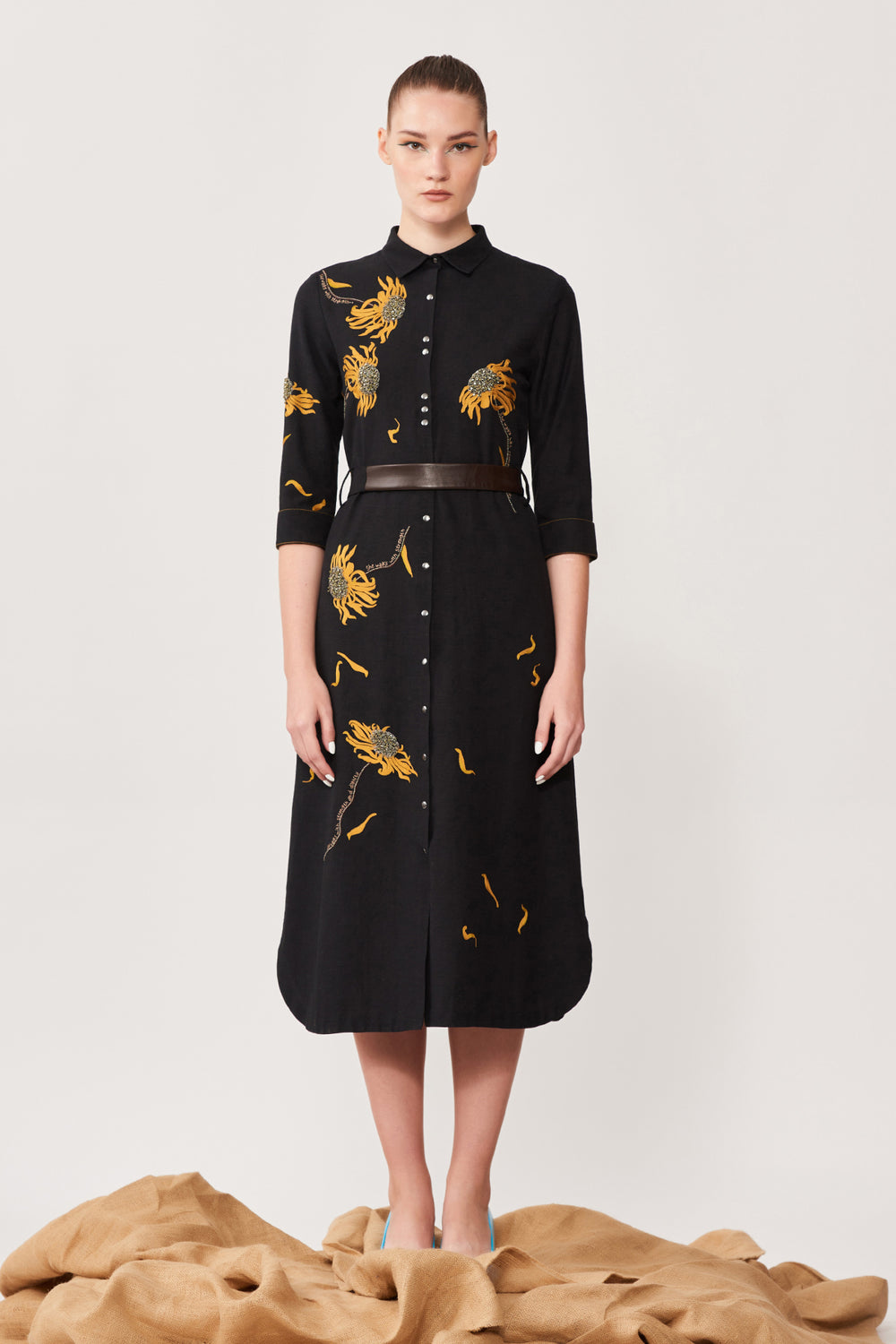 Withering Flower Long Shirt Dress With Belt