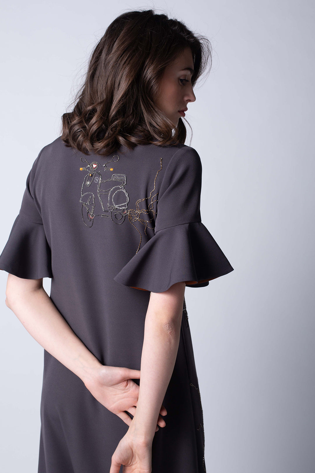 Wire Scooter Long Shirt Dress With Ruffles Hem And Sleeves