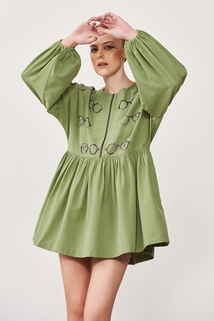 Time Vision Balloon Sleeves Gather Mini Dress