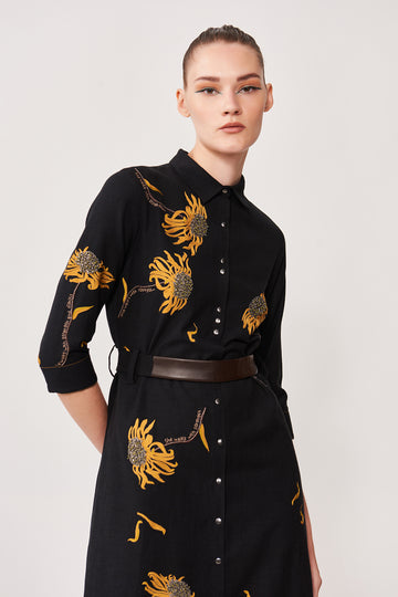 Withering Flower Long Shirt Dress With Belt